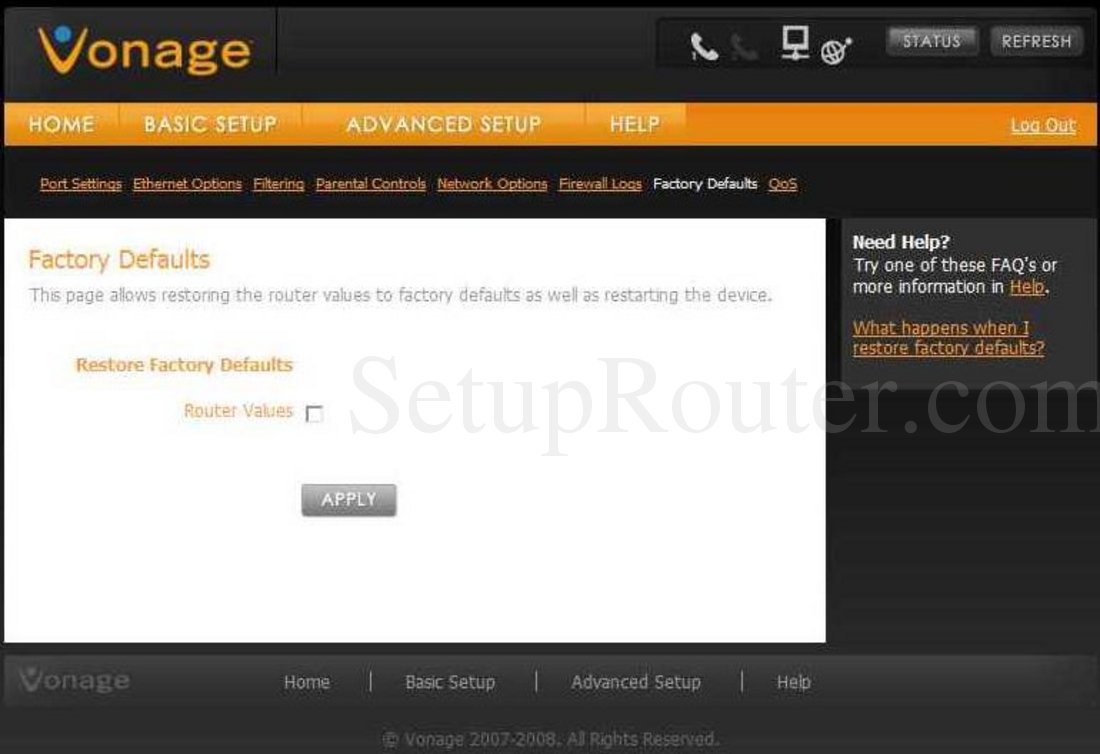 Vonage VDV21VD Screenshot Factory Defaults