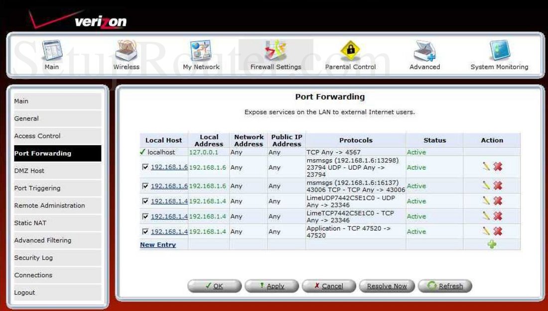 Westell A909100EM1510 Screenshot Port Forwarding