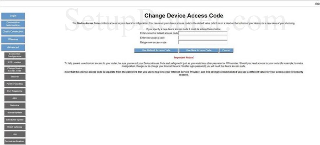 Westell VersaLink-B90-755025-15 Screenshot Change Device Access Code