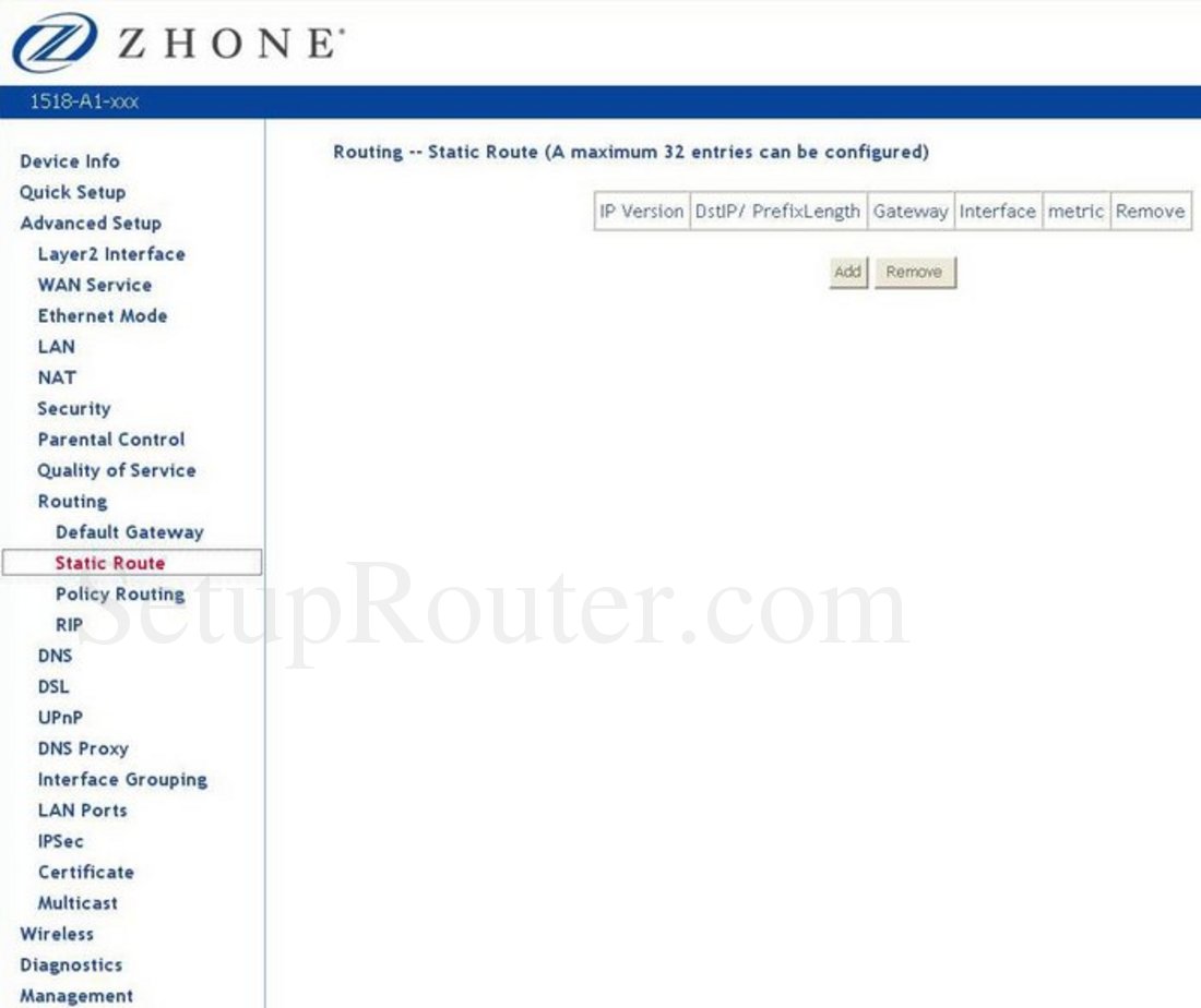 Zhone 1518A1 Screenshot Advanced Setup Routing Static Route