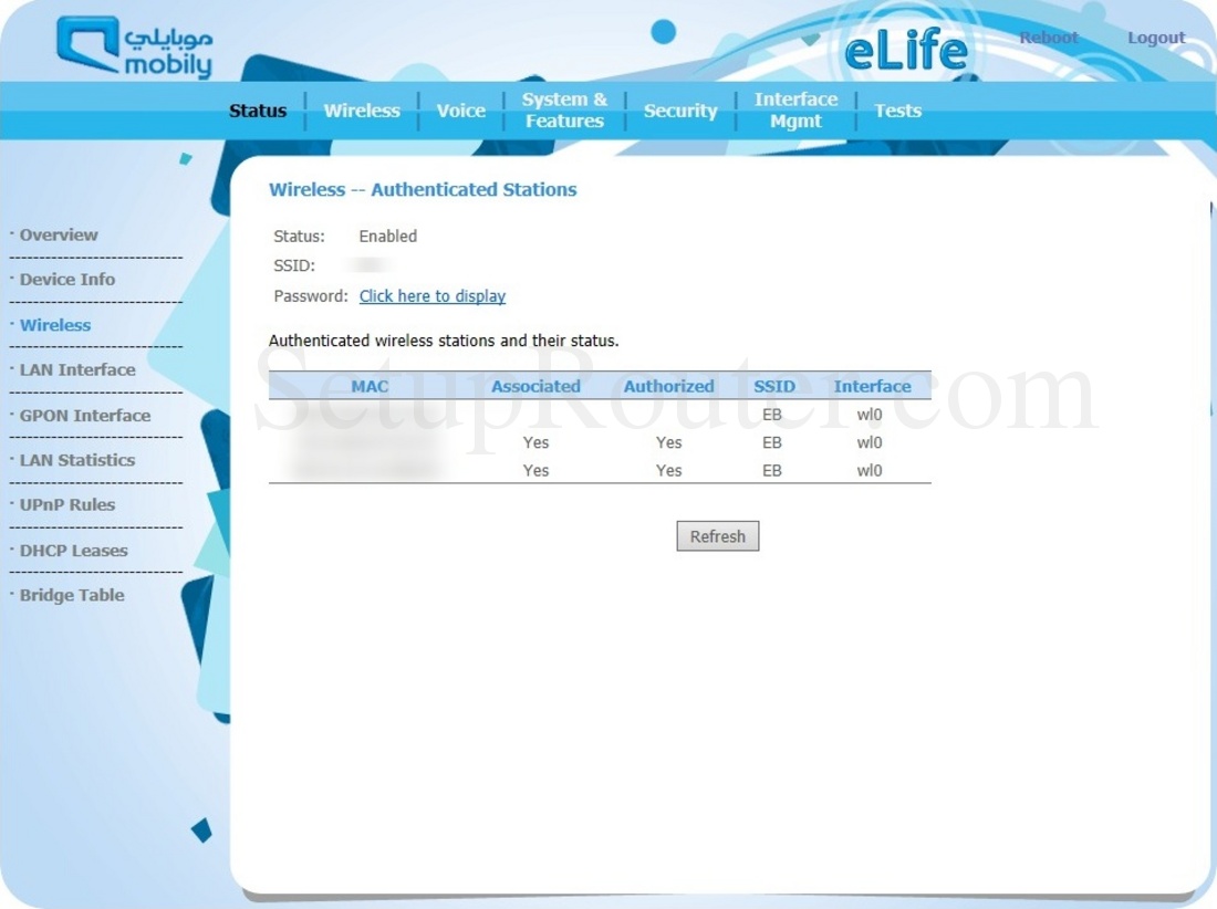 Zhone ZNIDGPON2426A1MB Screenshot WirelessAuthenticatedStations