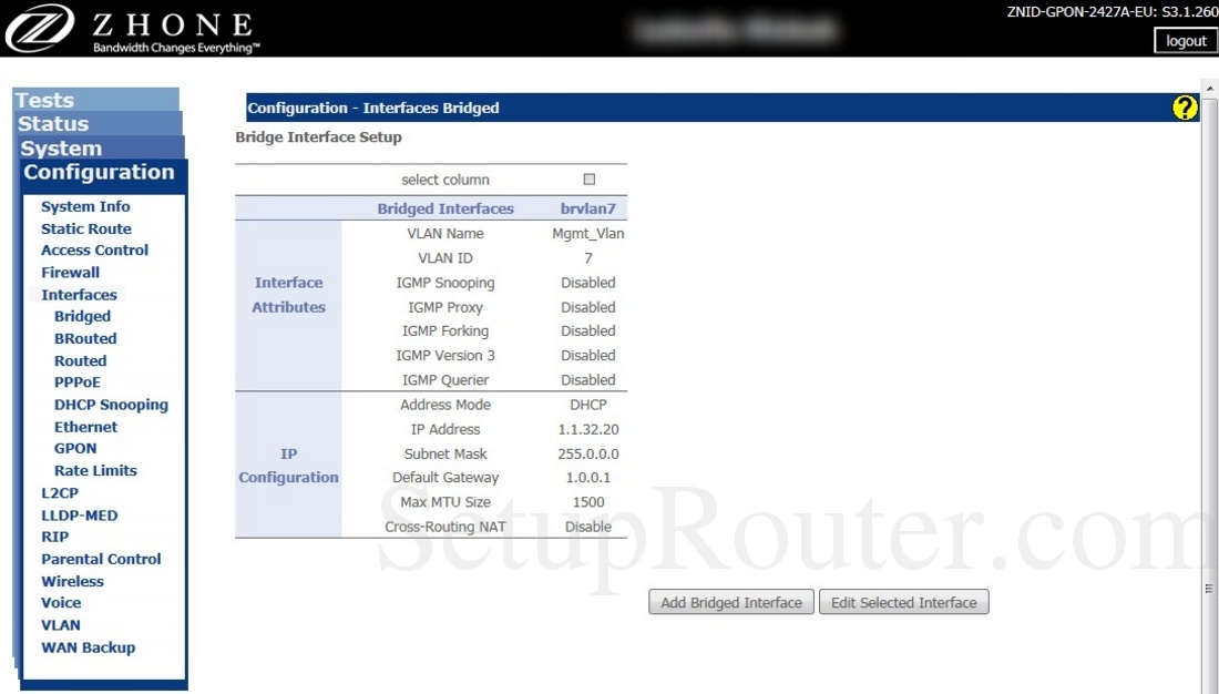 Zhone ZNIDGPON2427AEU Screenshot InterfacesBridged