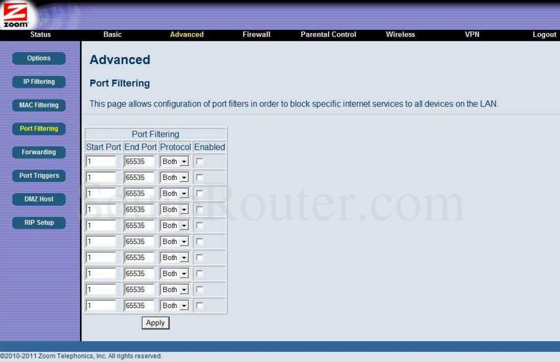 Zoom 5352 Screenshot Port Filtering