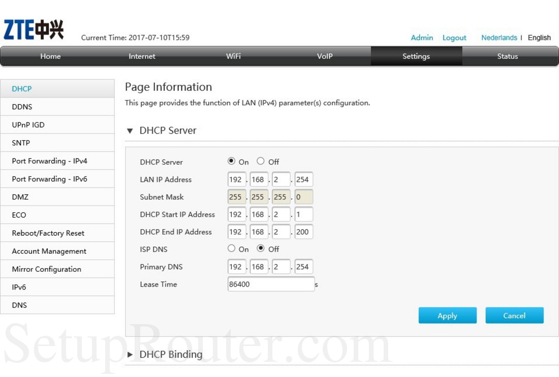 Управление портом dhcp zte