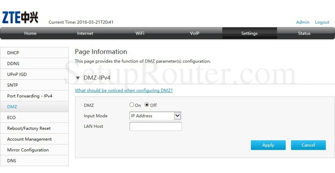 ZTE H369A Screenshot DMZSettings