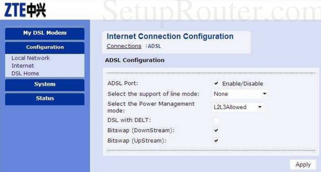 ZTE ZXDSL831AII Screenshot ADSL
