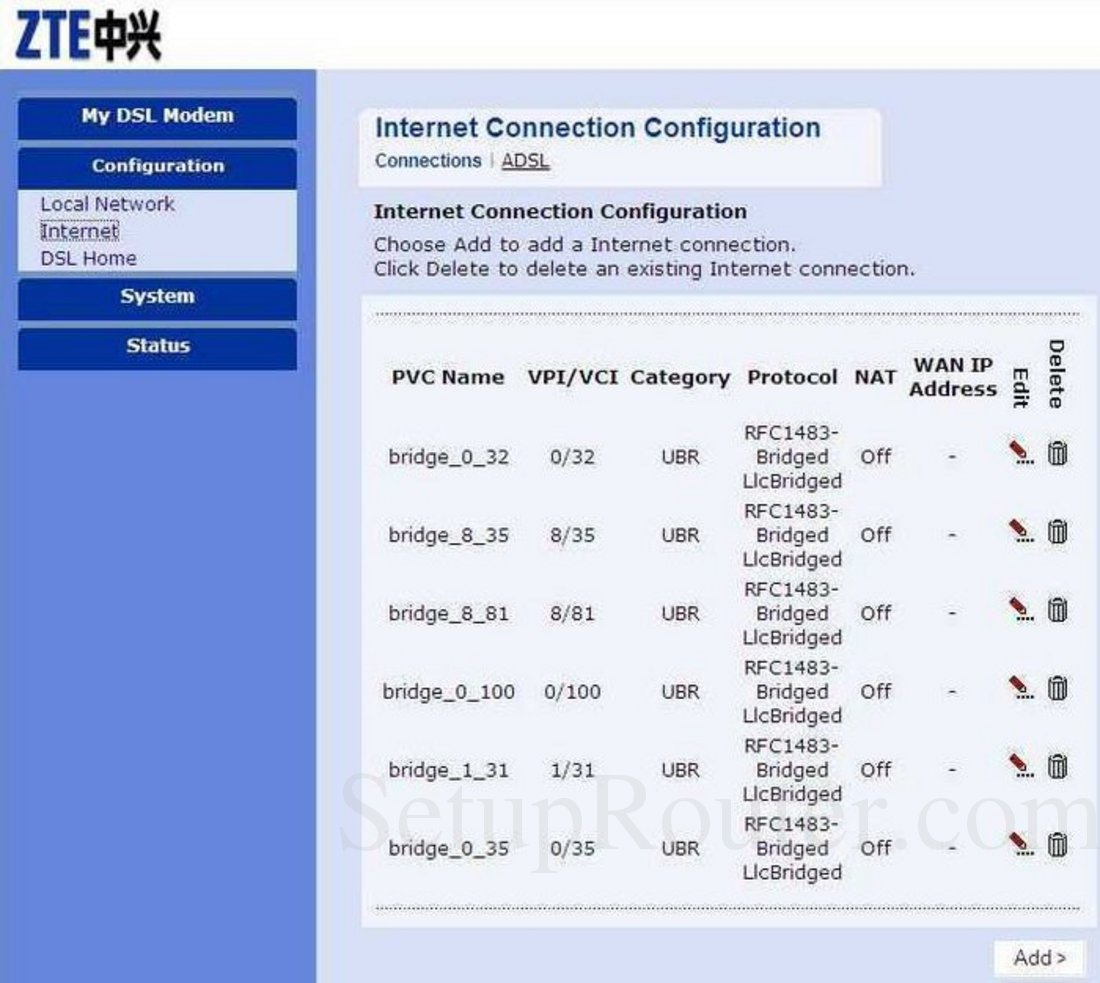 ZTE ZXDSL-831AII Screenshot Internet Connections