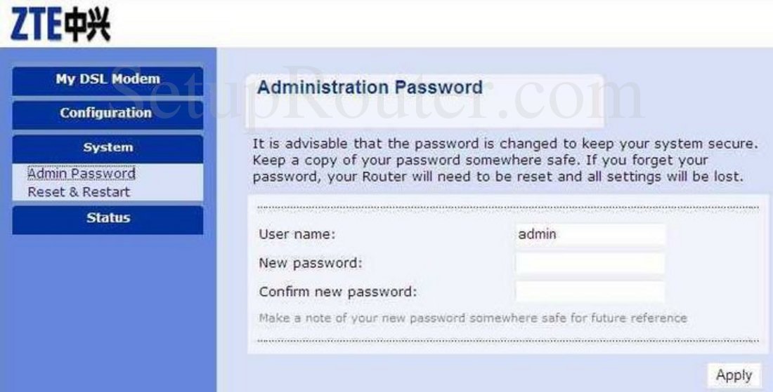 ZTE ZXDSL-831AII Screenshot Administration Password