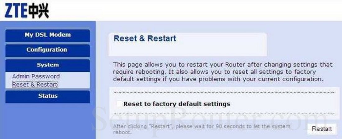 ZTE ZXDSL-831AII Screenshot Reset and Restart