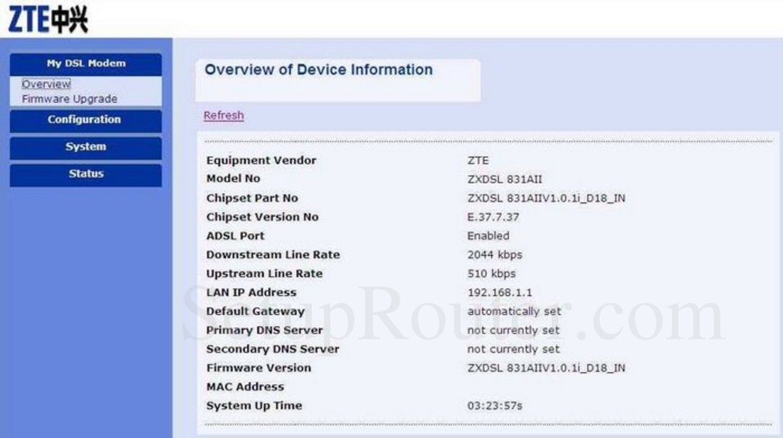 ZTE ZXDSL-831AII Screenshot Overview