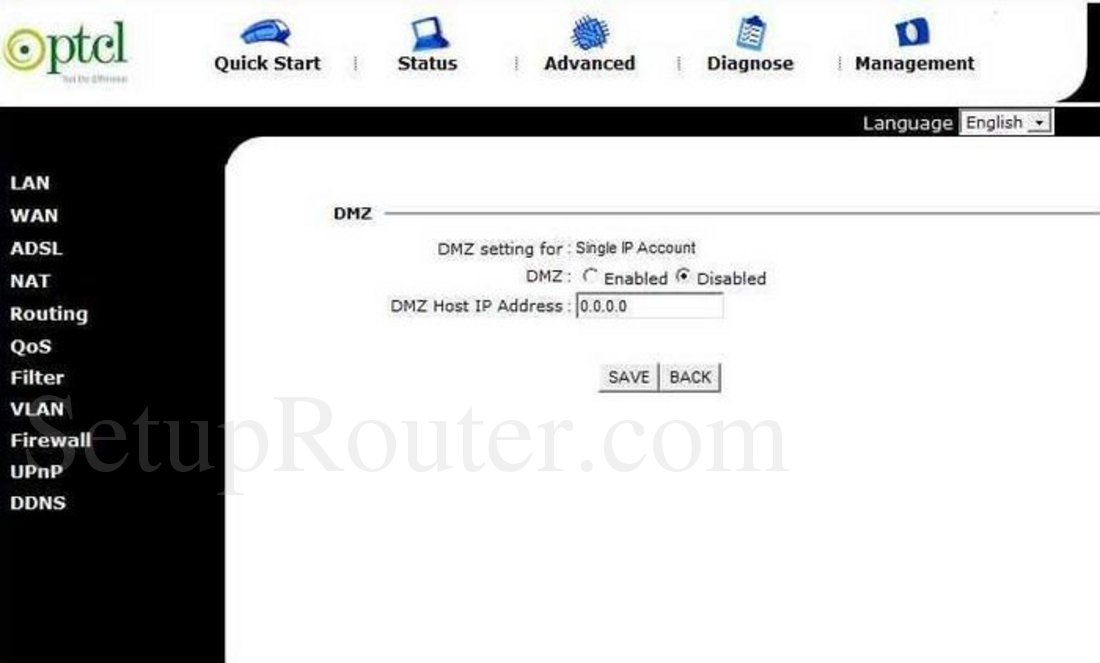 ZTE ZXDSL831CII Screenshot Advanced DMZ