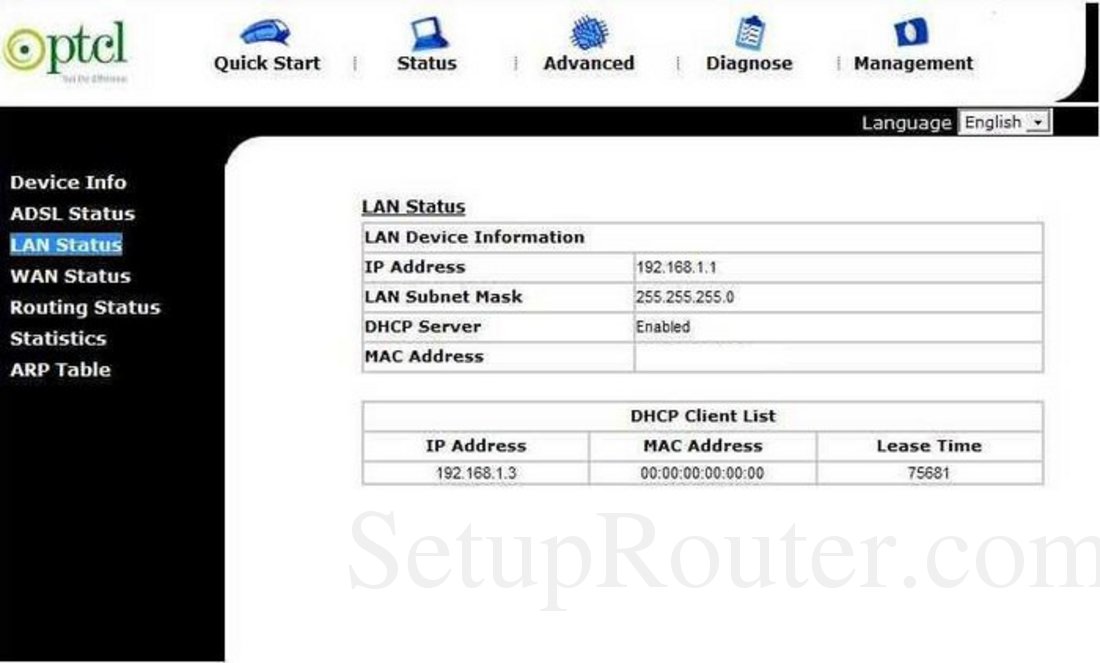 ZTE ZXDSL831CII Screenshot LAN Status