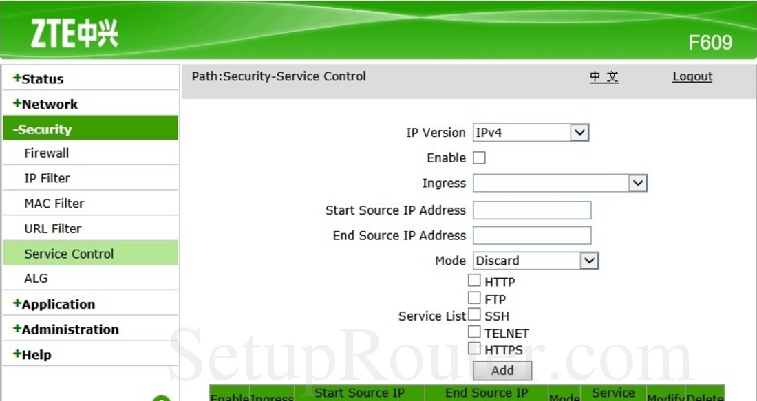 ZTE ZXHN F609 Screenshot ServiceControl