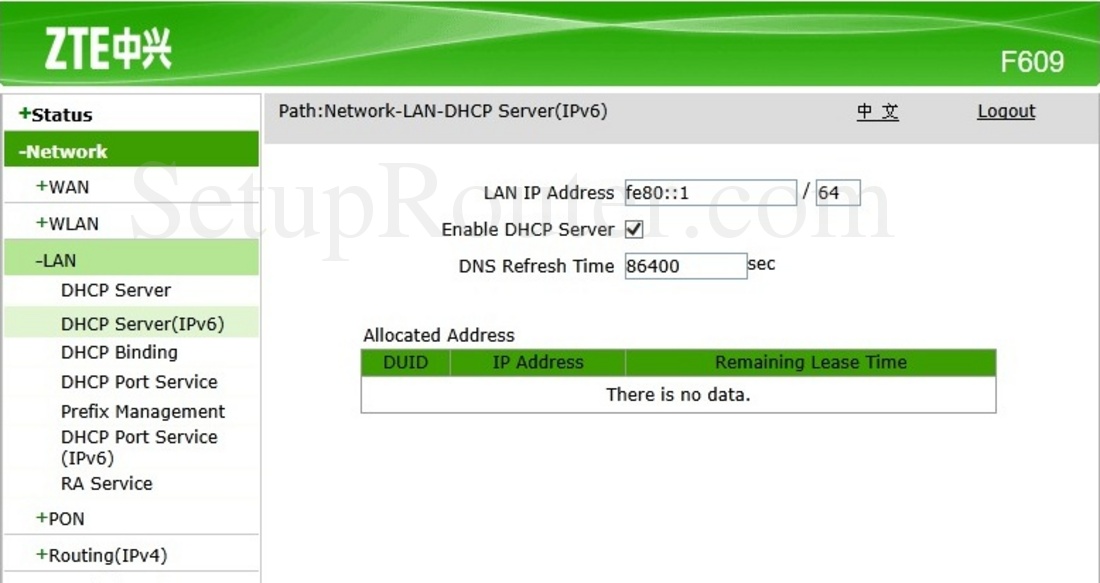 ZTE ZXHN F609 Screenshot DHCPServerIPv6