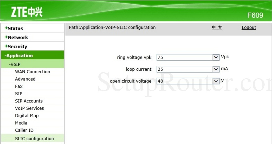 ZTE ZXHN F609 Screenshot VoIPSLICConfiguration