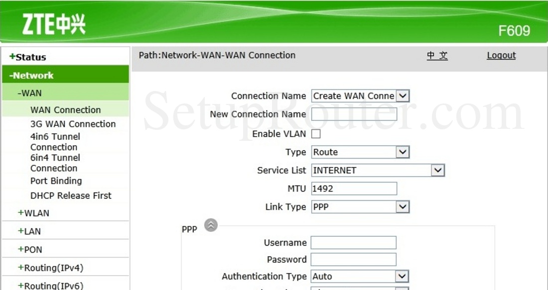 ZTE ZXHN F609 Screenshot WANConnection