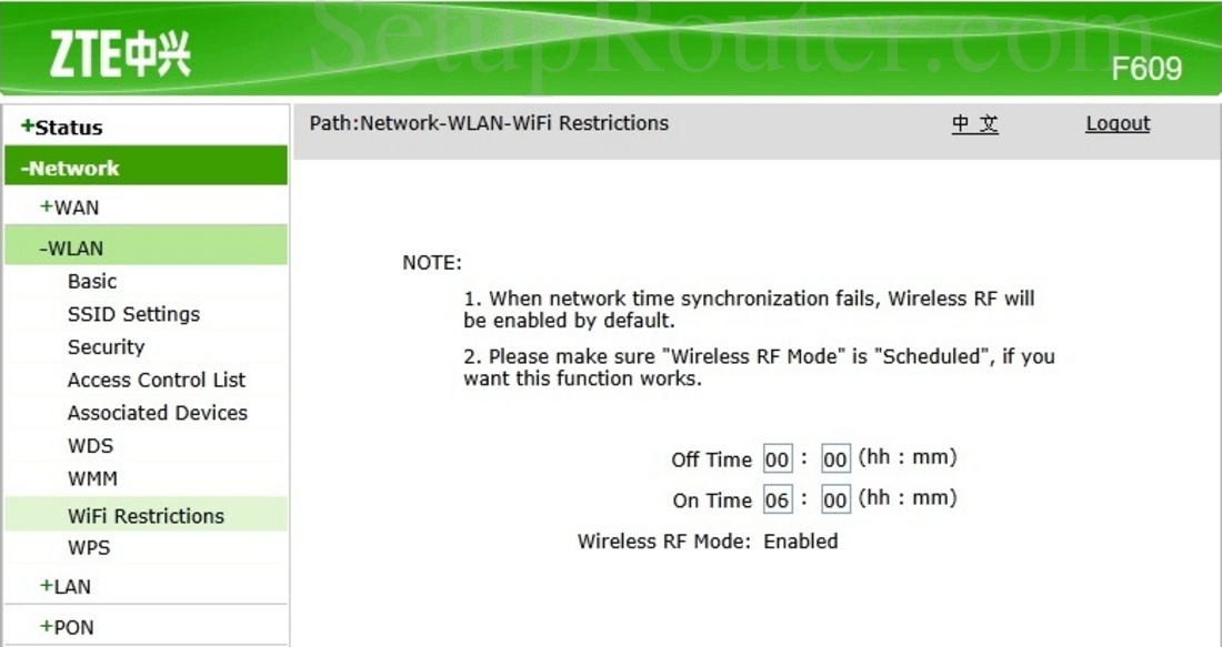 ZTE ZXHN F609 Screenshot WLANWiFiRestrictions