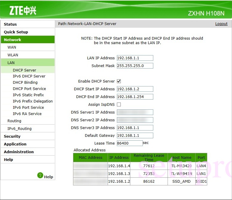 Управление портом dhcp zte