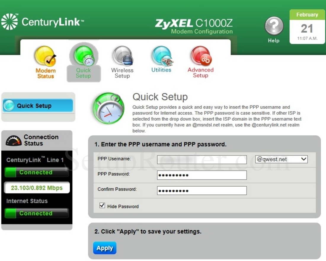 ZyXEL C1000Z Screenshot QuickSetup