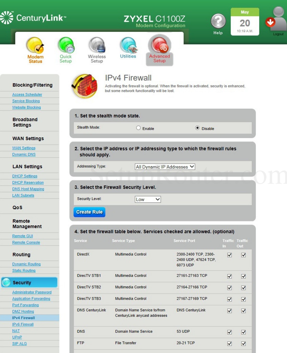 ZyXEL C1100Z Screenshot IPv4Firewall