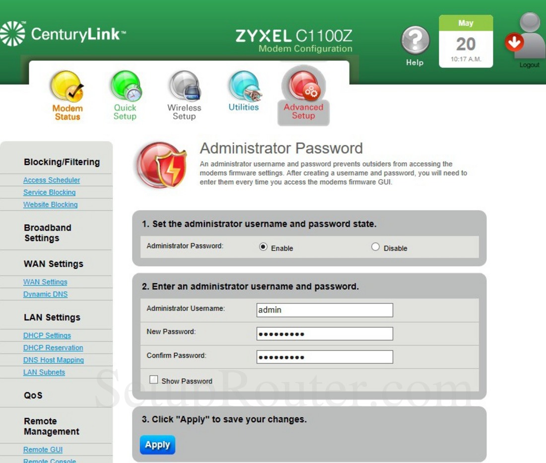 ZyXEL C1100Z Screenshot AdministratorPassword