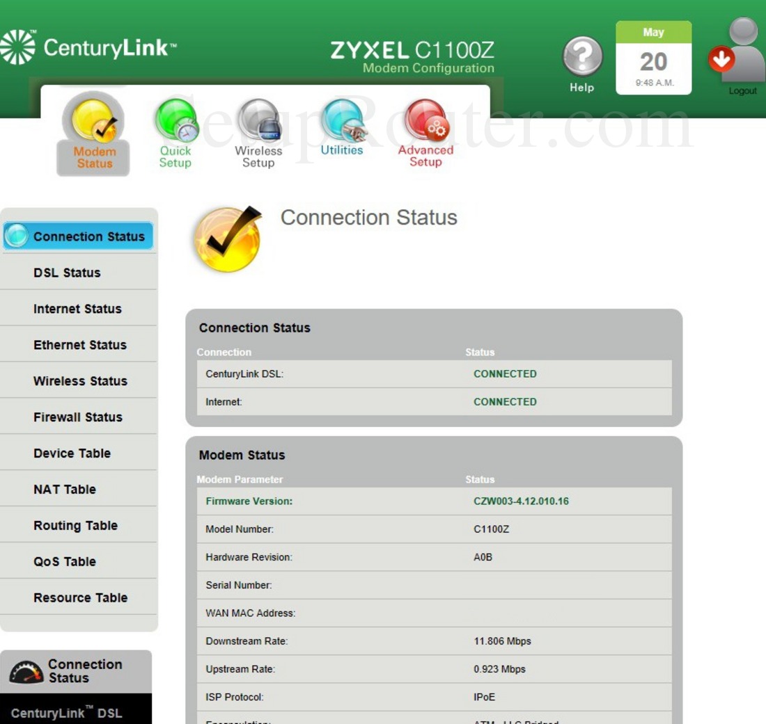 ZyXEL C1100Z Screenshot ConnectionStatus