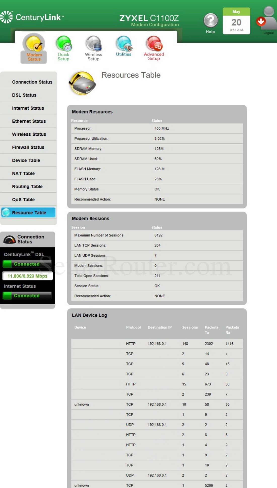 ZyXEL C1100Z Screenshot ResourceTable