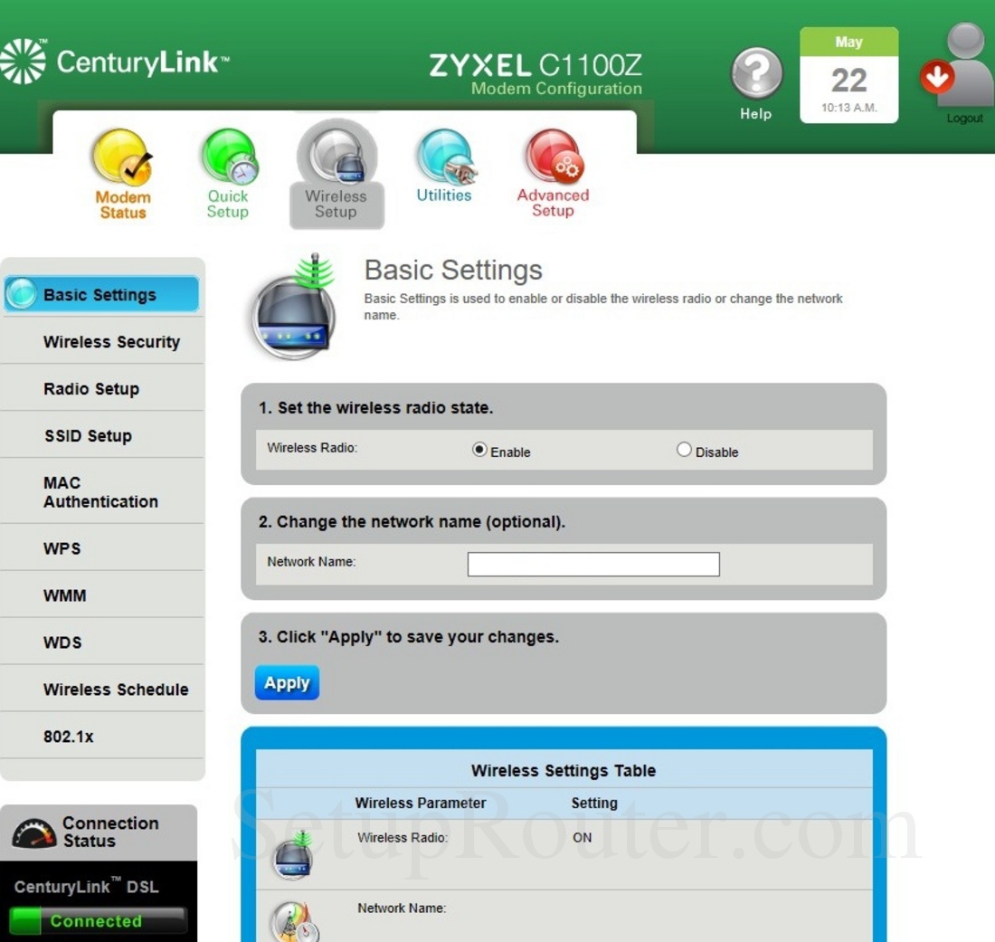 Zyxel C1100z Screenshot Wirelessbasicsettings