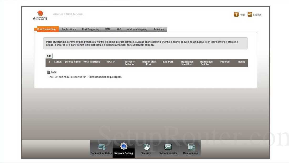ZyXEL F1000 Screenshot PortForwarding