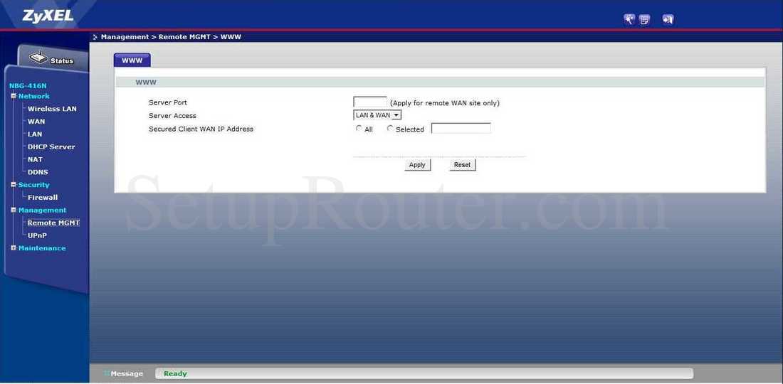 ZyXEL NBG416N Screenshot Remote Management