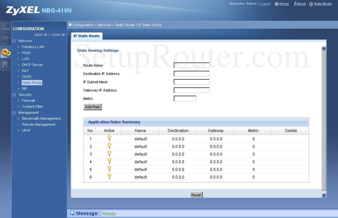 ZyXEL NBG419N Screenshot Static Route