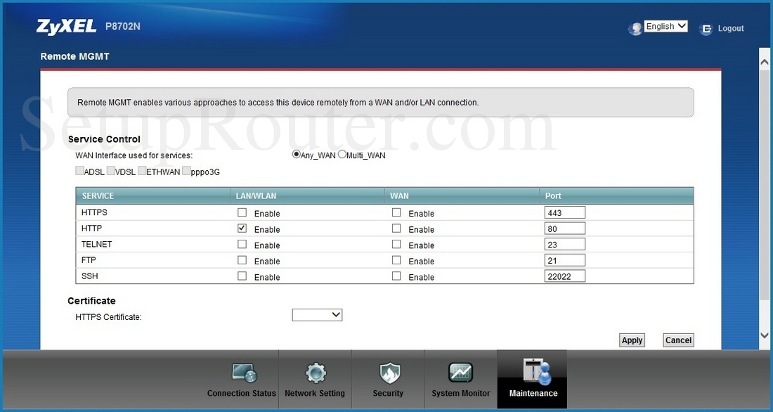 ZyXEL P8702Nv2 Screenshot RemoteManagement