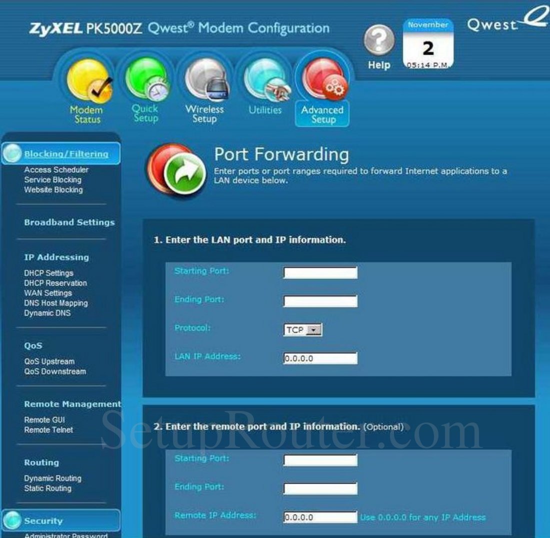 ZyXEL PK5000Z Screenshot Port Forwarding