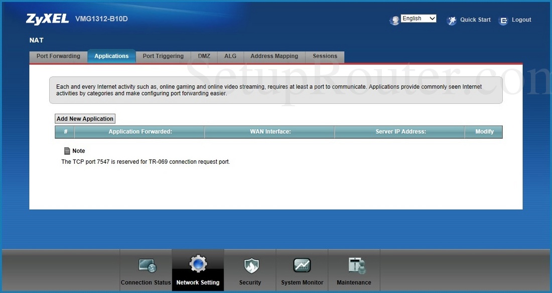 ZyXEL VMG1312B10D Screenshot Applications