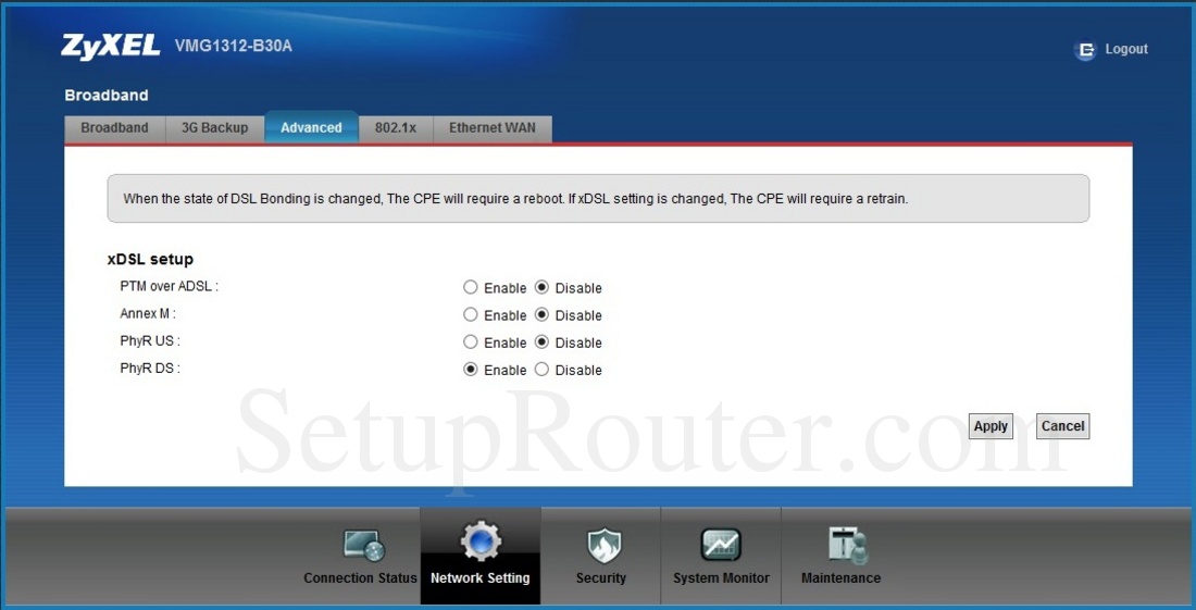 ZyXEL VMG1312-B30A Screenshot Advanced